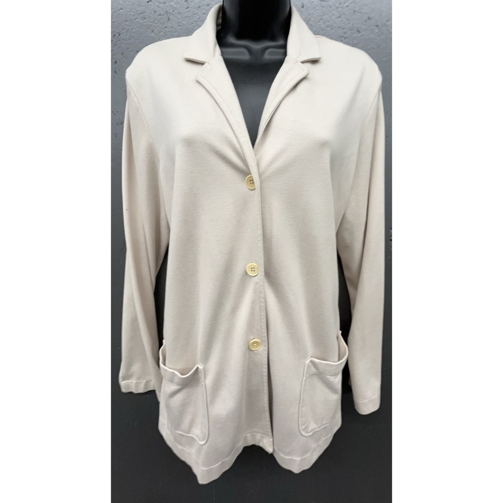 Lands End Blazer Jacket M Beige Soft Knit Cardigan Sweater Pockets‎ Stretchy